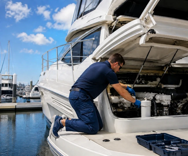 Mechanic inside a yacht engine room
